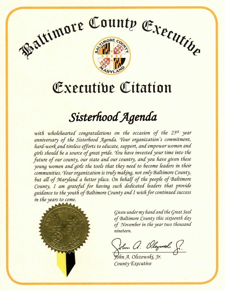 Baltimore County Sisterhood Agenda Citation of Excellence